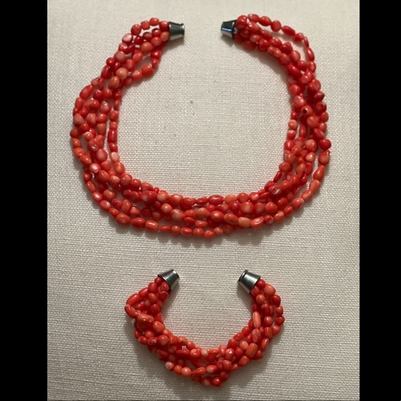 Natural Red Coral Gemstone Necklace and Bracelet Set - Picture 2 of 2